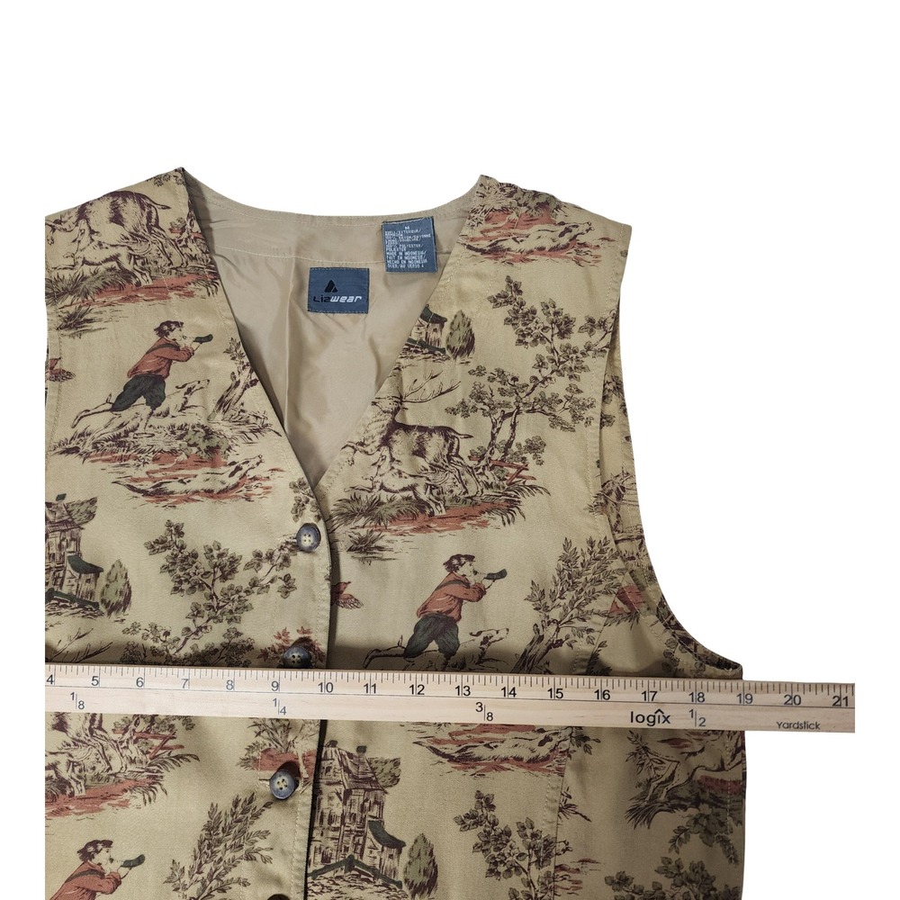 Lizwear Vintage Hunting Toile Vest Tan Rayon Button Front Cinch Back Womens M - Picture 7 of 10